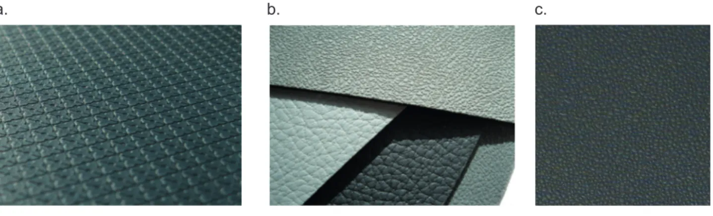 Fig. 3.2 : a. grain Renault Mikado sur plaque injectée, b. peaux en PVC et TPO, c. grain fin sur plaque injectée.