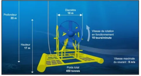 Figure 5.a. Dessin industriel de l’hydrolienne Sabella D10, immergée au large d’Ouessant  Source : Société Sabella, 2015 