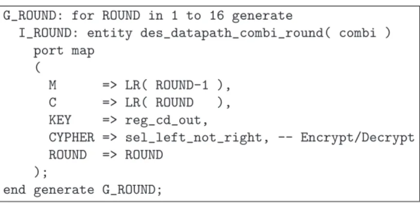 Figure 3.17: Excerpt from the VHDL description of the unrolled DES architecture.