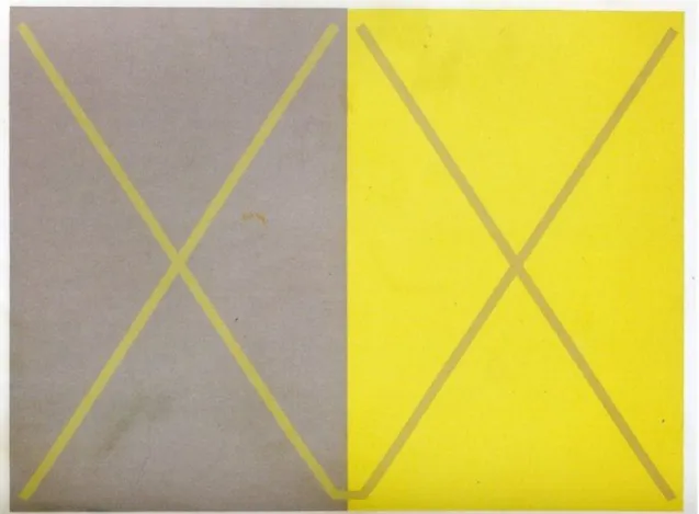 Figure 3.1 – The surrounding color plays a major role when perceiving a given color. The colors of the two crosses, though exactly the same, are perceived as different due to the different surrounding colors.