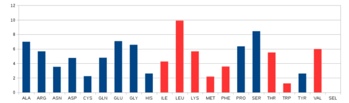 Figure 1.5 – Proportion des acides aminés chez l’Homme, en bleu les acides aminés non-essentiels, en rouge les acides aminés essentiels