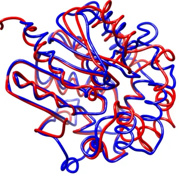 Figure 1.39 – Superposition des squelettes des protéines 1EDE et 1CQW avec l’ou- l’ou-til TM-Align, TM-score égal à 0.80520 (0 ≤ T M − Score ≤ 1) pour un pourcentage d’identité de séquence des résidus alignés égal à 0.273)
