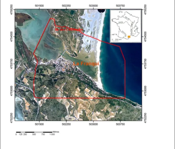 Figure 1 : Localisation de La Franqui et emprise du Modèle Numérique de Terrain   (sur cette photographie, le grau est fermé) 