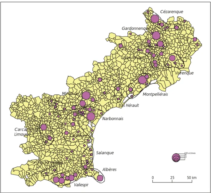 Figure 1 - Aires géographiques affectées par des crues meurtrières en Languedoc-Roussillon