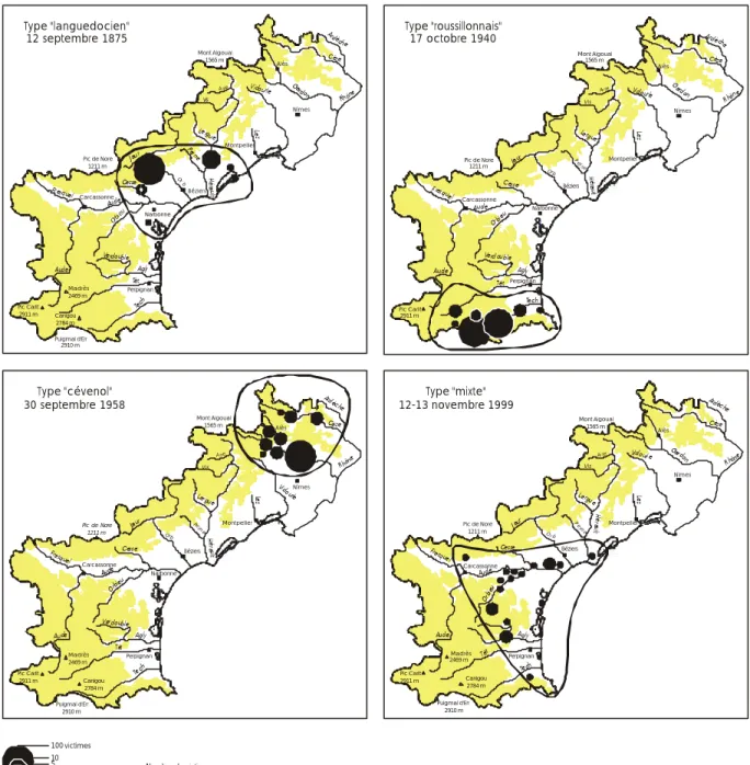 Fig. 2 - Crues meurtrières «extensives» en Languedoc et Roussillon (Lozère exclue). 