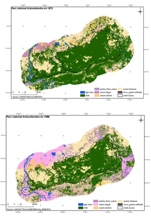Fig. 2 - Évolution de l’occupation des sols du Parc d’Ankarafantsika et de ses alentours  entre 1973 et 2016