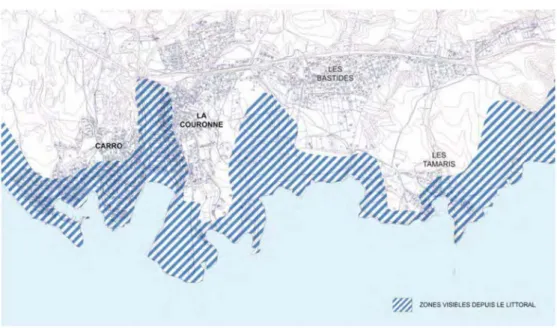 Figure 49. Un travail sur la covisibilité du littoral : carte d’analyse de la visibilité depuis le littoral de la Côte Bleue 
