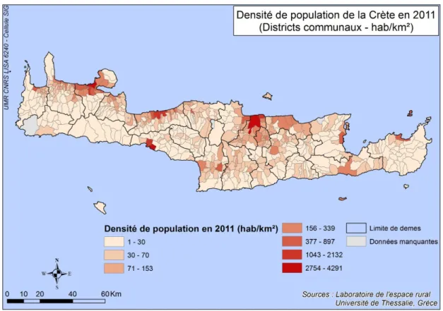 Figure 9 : Sur cette carte représentant la densité de population par districts communaux en 2011, on  observe aisément le double phénomène de concentration de la population autour des villes et sur le littoral  septentrional, bien que la rupture avec les e