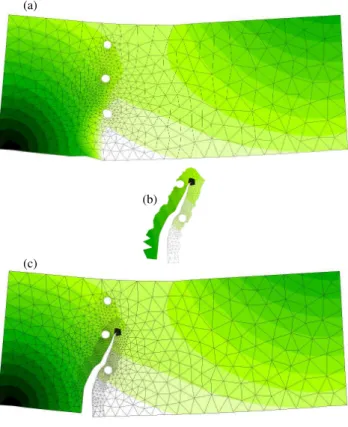 Fig. 12 Levelset-based adaptivity of the grid geometries during propa- propa-gation: in black, the shape of the analytical patch for direct SIF  extrac-tion.