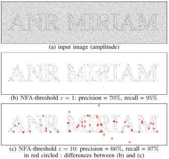 Fig. 11. Target detection by NFA thresholding. A numerical simulation of strong targets mixed in stationary speckle is shown in (a)