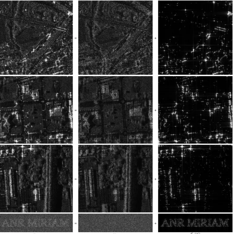 Fig. 13. Decomposition of SAR images into targets and background. After detection of targets in a SAR image u 0 (first column) using Algorithm 4, two images are computed: the residual image w 0 that contains the speckle-dominated background (center column)