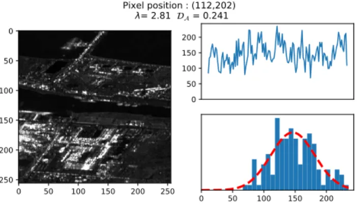 Fig. 5. Temporal histogram for a permanent point. On the left the average stack of the images with the permanent scatterer located in (112,202)