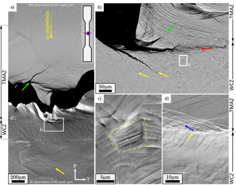Figure 9: Post-mortem observations of the LFW–AW–PC tensile specimen surface showing a) the upper and lower parts of the tensile specimen using respectively using BSE and SE detectors; b) WCZ-TMAZ boundary showing slips bands and secondary cracks ; c) a WC