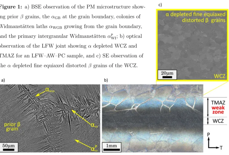 Figure 1: a) BSE observation of the PM microstructure show- show-ing prior β grains, the α GB at the grain boundary, colonies of Widmanstätten laths α WGB growing from the grain boundary, and the primary intergranular Widmanstätten α p WI ; b) optical obse