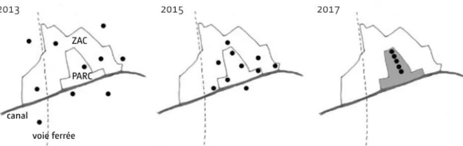 Figure  3  : Évolution conjointe de la Fête des Jardins Rêvés (les points noirs représentent les  jardins temporaires) et de l’aménagement du parc de l’Union (zone grisée), telle que prévue au  démarrage du processus en 2012