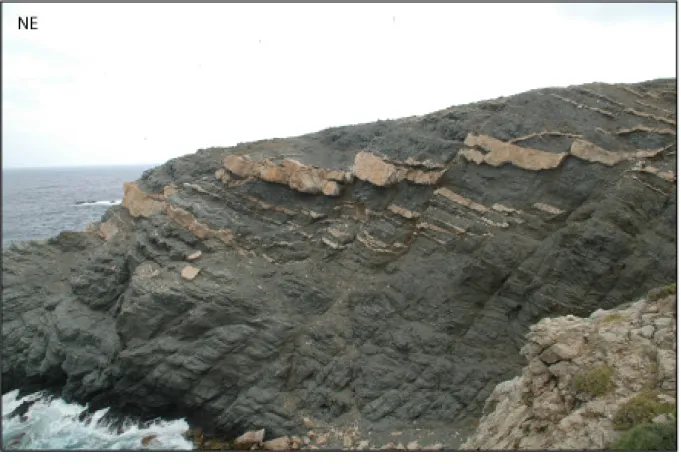 Figure 10: Cross-section along the coast near Kolympithra on the NE coast of Tinos. The  detachment is located between the upper plate made of serpentinite cropping out on a  nearby islet and the lower plate here made essentially of micaschists and minor  