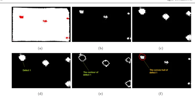 Fig. 14 (a) Labeled defects after detection; (b) Binary image after projecting defects onto the plane; (c) Defect regions after dilation; (d)Identifying each connected component as one defect; (e) Contours of the enlarged defects; and (f) Convex hull of ea