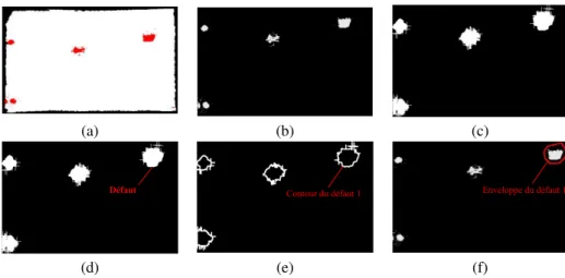 Figure 12. Préparation des données : (a) défauts labellisés après détection, (b) image binaire après projection des défauts sur le plan, (c) régions endommagées projetées après dilatation, (d) chaque composante connexe est identifiée comme un