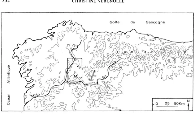 Fig.  I.  Localisation de  la zone  étudiée.  S:  Sarria;  M:  Monforte  de  Lemos. 