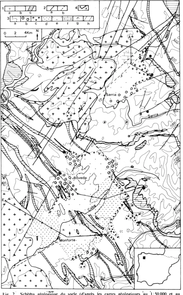 Fig.  5.  Schéftia  géologique  du  socle  (d'après  les  cartes  géologiques  au  1/50 000  et  au  I  200 000)  et*  répartition  des  principaux  faciès  étudiés