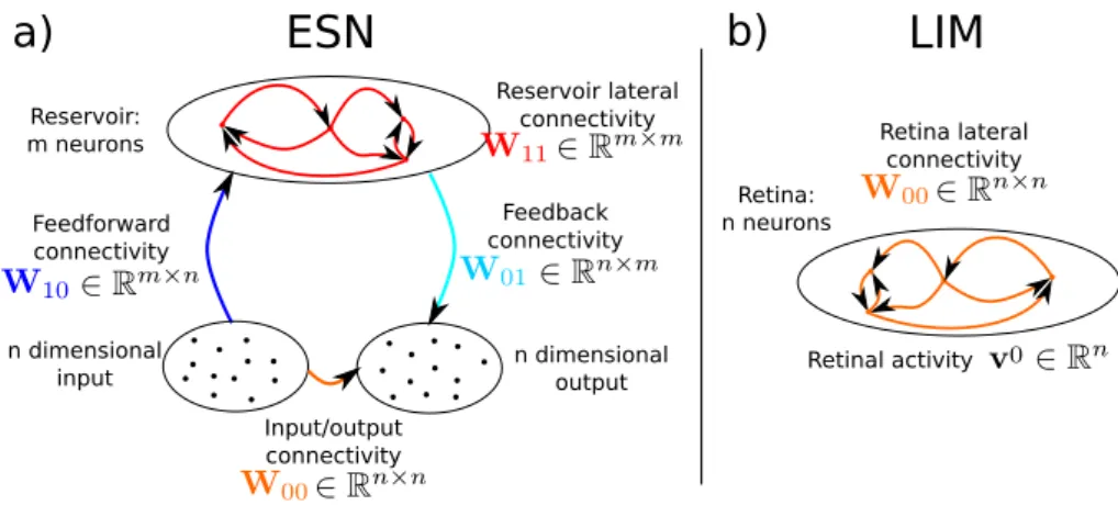 Figure 3: Architecture of related existing models. To be compared with Fig.1. a) Architecture of an ESN (see section 5.2): the inputs and outputs are different layers