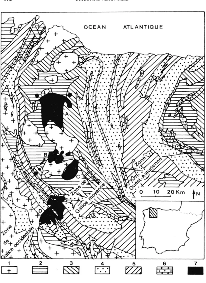 Fig.  l.  Carte géologique de l'Est du massif galicien (d'après Ph. Matte, 1968) et répartition des  dépôts étudiés