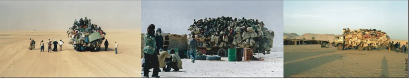 Figure  1 :  Des  « terrains  mobiles » :  les  camions  de  transport  des  migrants  (Sahara nigérien) 