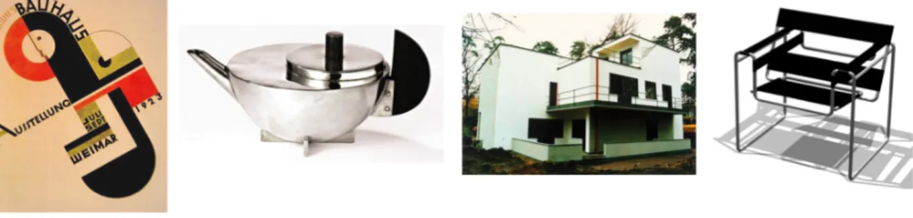 Figure 9: Some examples of the new grammar of forms generated at Bauhaus – some famous products (Marian  Brand Tea Pot, Wassily Chair, Bauhaus building, Bauhaus poster) 
