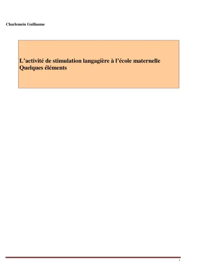 L’activité De Stimulation Langagière à L’école Maternelle Quelques éléments