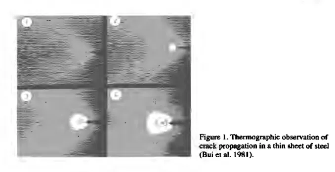 Figure  I.  Thermographic observarion of  crack propagation in a [hin  &amp;heet  of  steel  (Bui et al