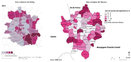 Figure 3. La vacance des logements dans les aires urbaines de Vichy et de Nevers en 2013.