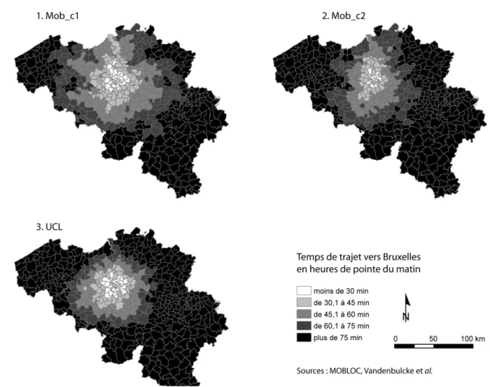 Figure 6 : Temps de trajet vers Bruxelles en heure de pointe du matin selon les diffé- diffé-rents modèles 