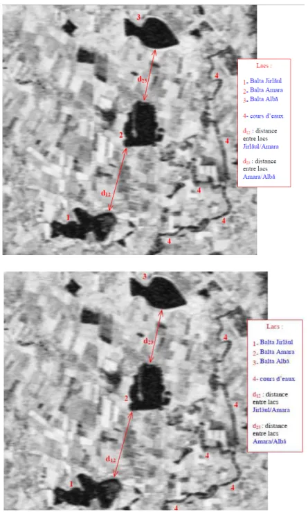 Figure 3 – Zone des lacs dans l’image de cohérence (couple tandem, 28/29 mai 1995), Les lacs sont numérotés de plus proche de la ville de Buzau.