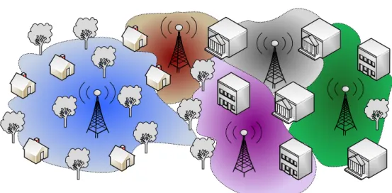 Figure 1.1: Traditional Cellular Network where coverage area is fragmented via orthogonal resource reuse to diminish the effect of interference.