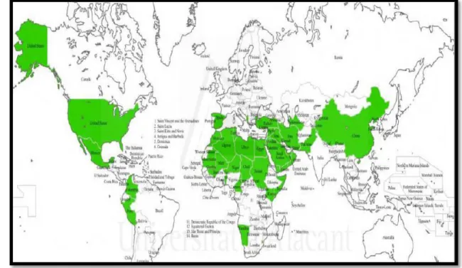 Figure 01 : géographique du palmier dattier dans le monde  (Gourchala, 2015) 