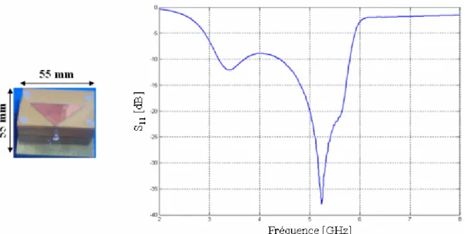 Fig. 2.16 : Antenne patch triangulaire [19] et son coefficient de réflexion mesuré. 