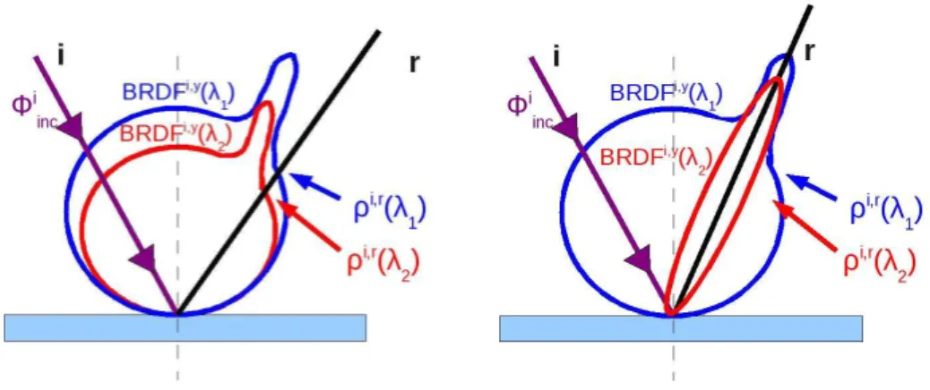Fig. 2.1  BRDF dans le plan d'incidence théorique pour deux longueurs d'onde : homothé- homothé-tiques (gauche), et non homothéhomothé-tiques (droite).