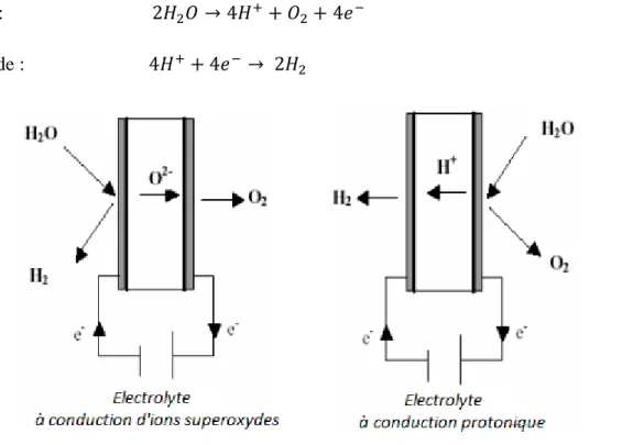 Figure I.7 : Principe de l'électrolyse à haute température selon le type d'électrolyte [23]