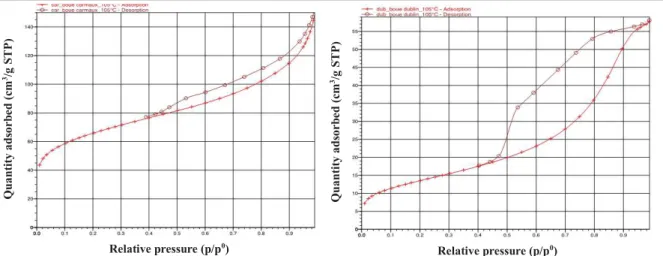 Figure 2.10 N 2  adsorption isotherms for the two sludges; Carmaux sludge (left); Dublin sludge (right) 