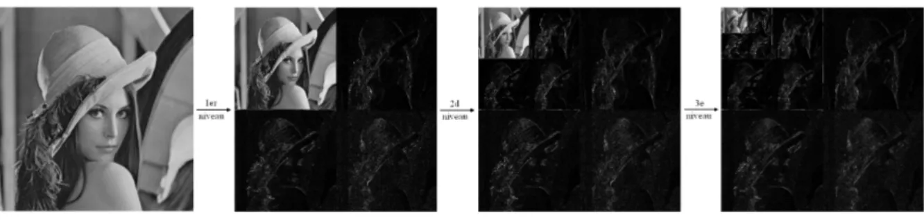 Fig. 2.9  Décomposition en ondelettes de l'image Lena sur 3 niveaux avec un ltre 9/7 (type JPEG2000) [RSC01]