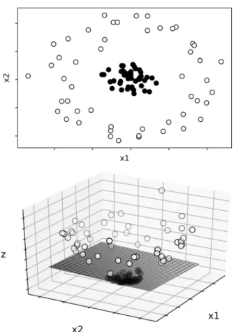 Fig. 1 The upper panel shows a two-dimensional graph representing two features: x1 and x2