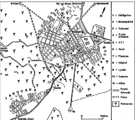 Figure 5 : Kébili (Tunisie). L’espace urbain et la composition sociale des quartiers en 1976 Source : P