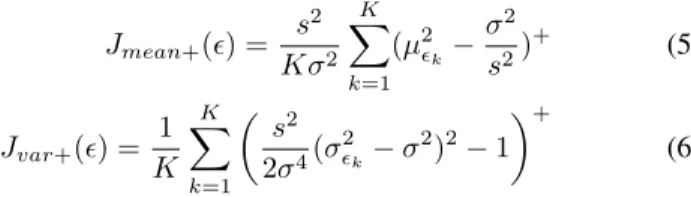 Fig. 1: Comparison of J mean , J mean+ and J var , J var+ as functions of respectively µ  k and σ  k for the parameters: σ = 0.1 and s = 5.