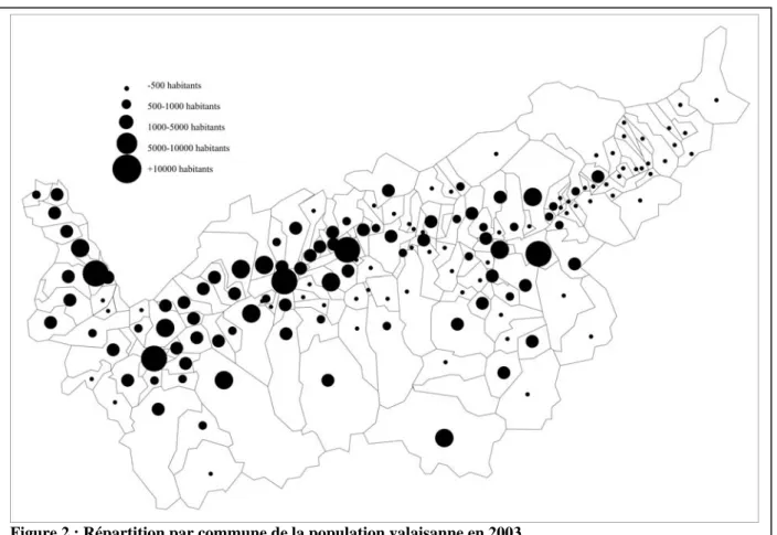 Figure 2 : Répartition par commune de la population valaisanne en 2003  Source : Office fédéral de la statistique, http://www.statistik.admin.ch 