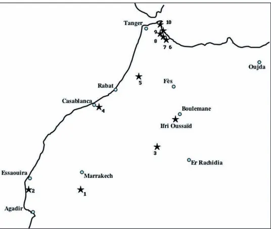 Fig. 1 : Carte des principaux sites holocènes à Ursidae du Maroc septentrional et position de la Grotte d’Ifri Oussaïd d’après Ouchaou (2008).