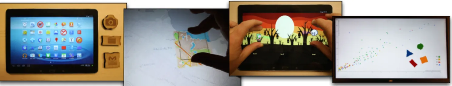 Figure 16. Proof-of-concept applications: access control, tangible magic lenses, character controllers in a game, data visualization.