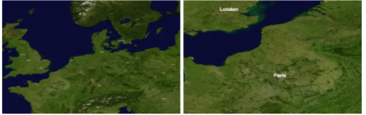 Figure 9. (a) Part of the map of Europe used by BIGmap. (b) Navigating towards Paris from the previous view.