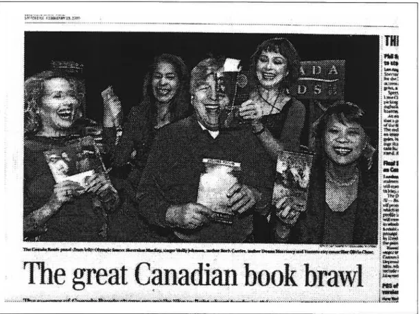 Fig. 2. La photo des participants du Canada Reads 2004 est reprise dans le quotidien The Globe and Mail (19 février 2004).