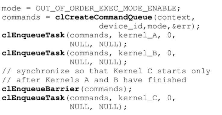 Figure 2: OpenCL example illustrating a parallel loop An another example, in the left side of Figure 3, from Chapel, illustrates its forall data parallelism construct, which will be encoded with a SPIRE parallel loop.