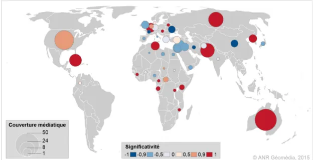 Figure 3 : Singularités spatio-temporelles dans l'agenda géomédiatique du flux RSS international du journal Le Monde au cours de la semaine du 15 au 21 décembre 2014 (Modèle ASTI)